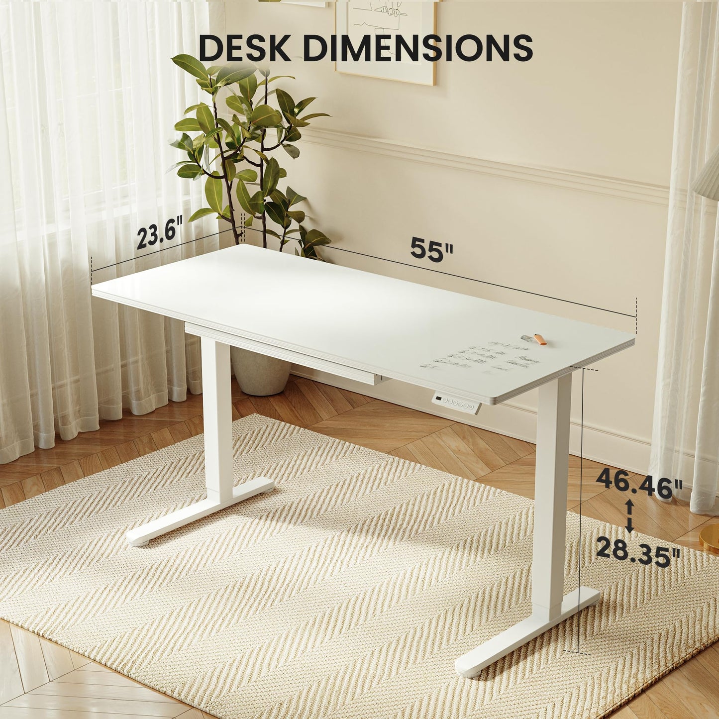 BANTI 55x24 inchs Electric Glass Standing Desk with Drawer - Height Adjustable One-Piece Tempered Top Sit Stand Workstation with Memory Keypad for Home Office