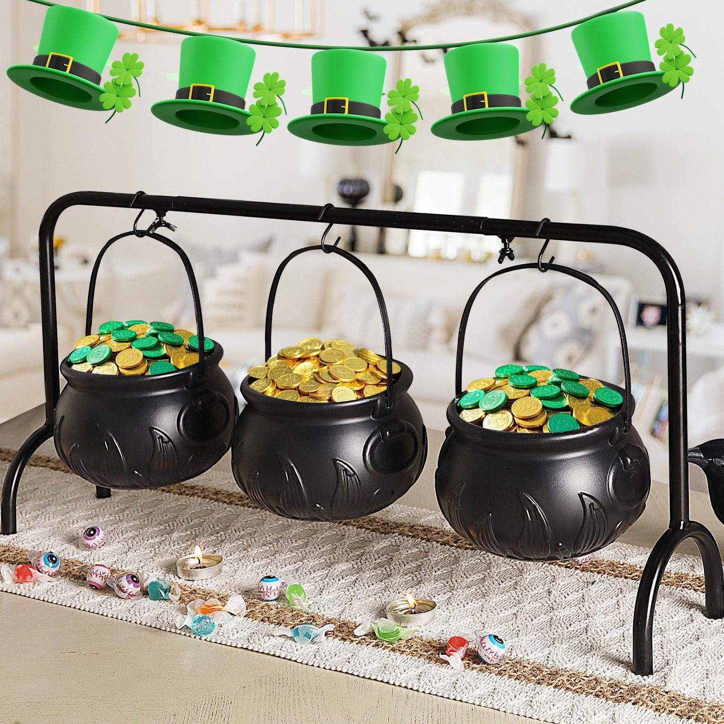 Zcaukya St. Patrick's Day Decorations, 3 Packs Plastic Witch Cauldrons Hanging On Iron Rack, Black Witch Pots Set with Stand Candy Holders for Haunted House Party Supplies Tabletop Decor