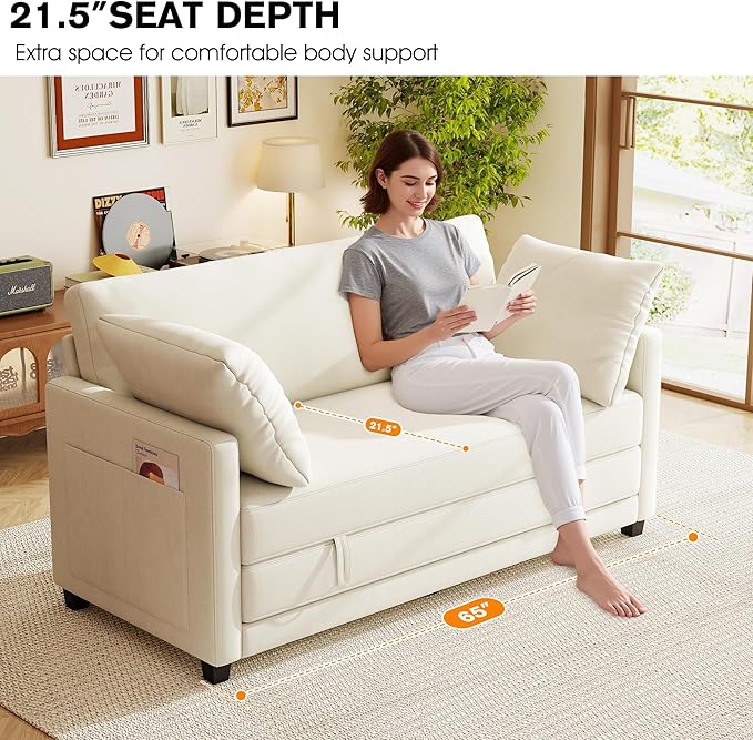 kakuboohi 65" Loveseat Sleeper Sofa Bed, Chenille Convertible Sofa Bed for Small Spaces, Folding Couch Bed with Deep Seat, Solid Frame, Pull Out Floor Couches for Living Room, Beige