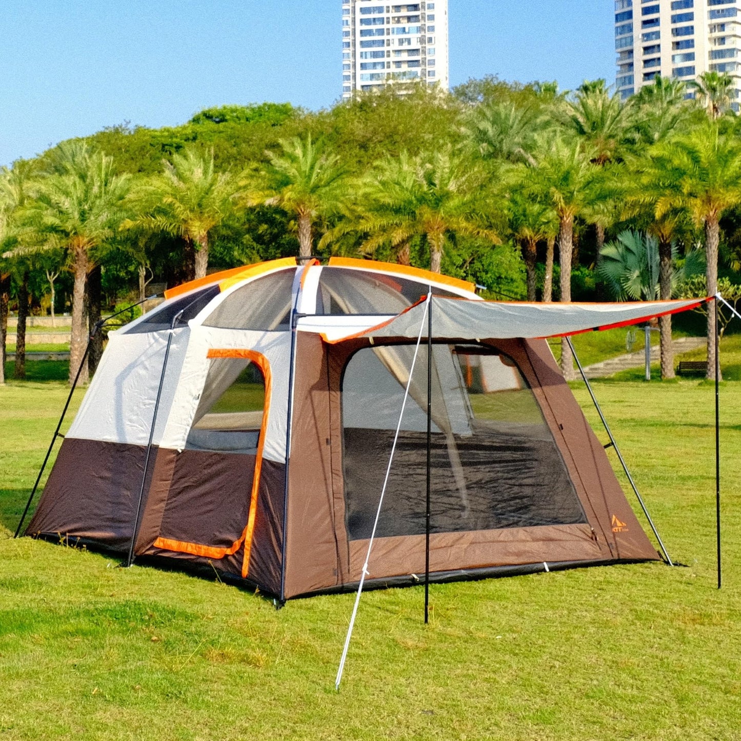 KTT Extra Large Tent 10 Person,Family Cabin Tents,2 Rooms,3 Doors and 3 Windows with Mesh,Straight Wall,Waterproof,Double Layer,Big Tent for Outdoor,Picnic,Camping,Family Gathering(Brown)