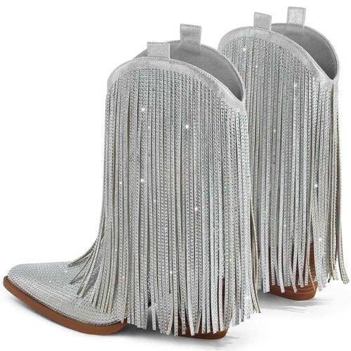 Ouepiano Cowboy Boots for Women - Cowgirl Rhinestone Boots with Sparkly Fringe Pointed Toe Western Boot Chunky Heel Pull-On Wide Calf Silver Botas Vaqueras Size 8