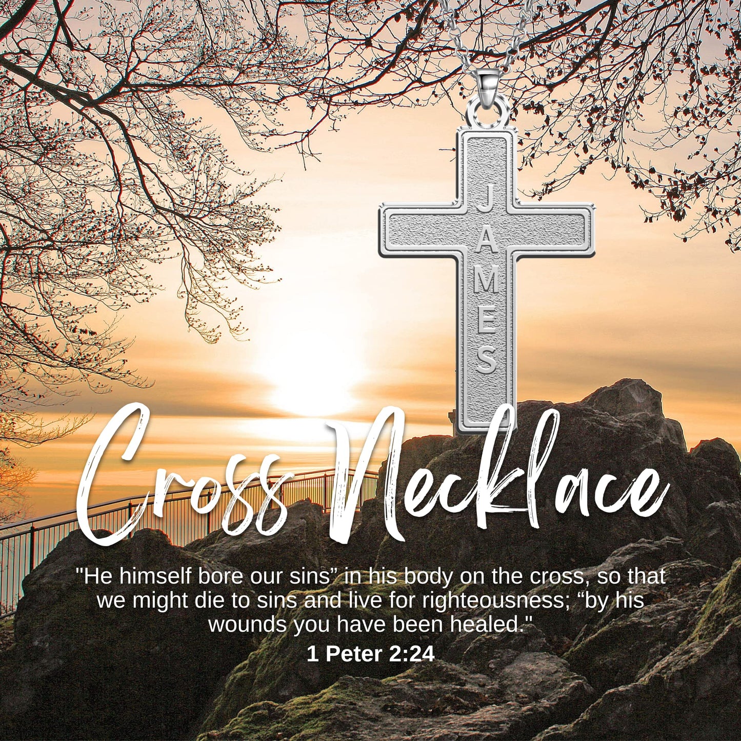 Moonlight Collections Engraved Personalized Cross Necklace with Names for Men Sterling Silver Custom Cross Necklace