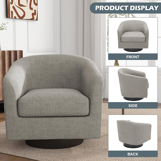 UIXE 360° Swivel Barrel Accent Chair Upholstered Armchair, Modern Round Club Arm Chair Living Room Single Sofa Seating Bedroom Side Reading Seat in Fabric, Flax Khaki