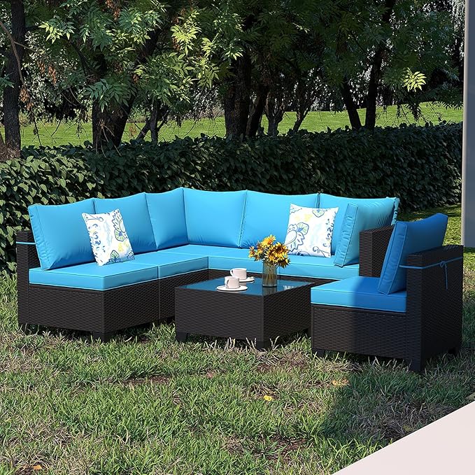 Ophelian 7 Pieces Outdoor Conversation Sectional Rattan Sofa, Patio Furniture Set, with Wicker and Cushions for Garden and Backyard, (Coffee/Peacock Blue)