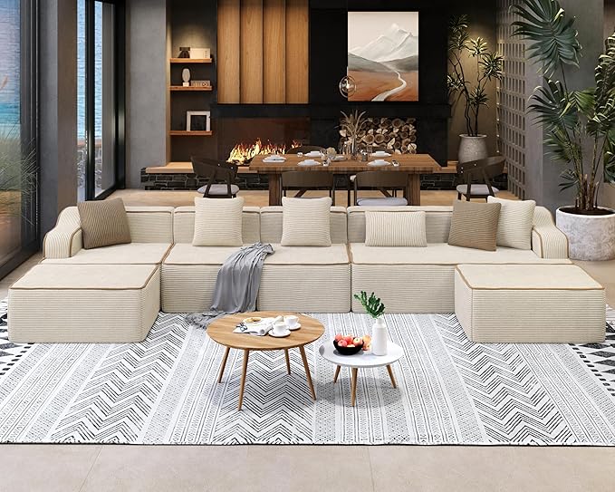 SUNSHINE VALLEY U Shaped Boneless Modular Cloud Couch, 162'' Oversized Corduroy Sectional Sofa for Living Room, 6-Seat Upholstered Modern Couch with Deep Seat, No Assembly Required, Beige