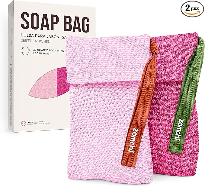 ZOMCHI Soap Bags, Soap Savers for Bar Soap with Different Exfoliating Level, Soap Pouch for Body Wash (2 Pieces, Pink)