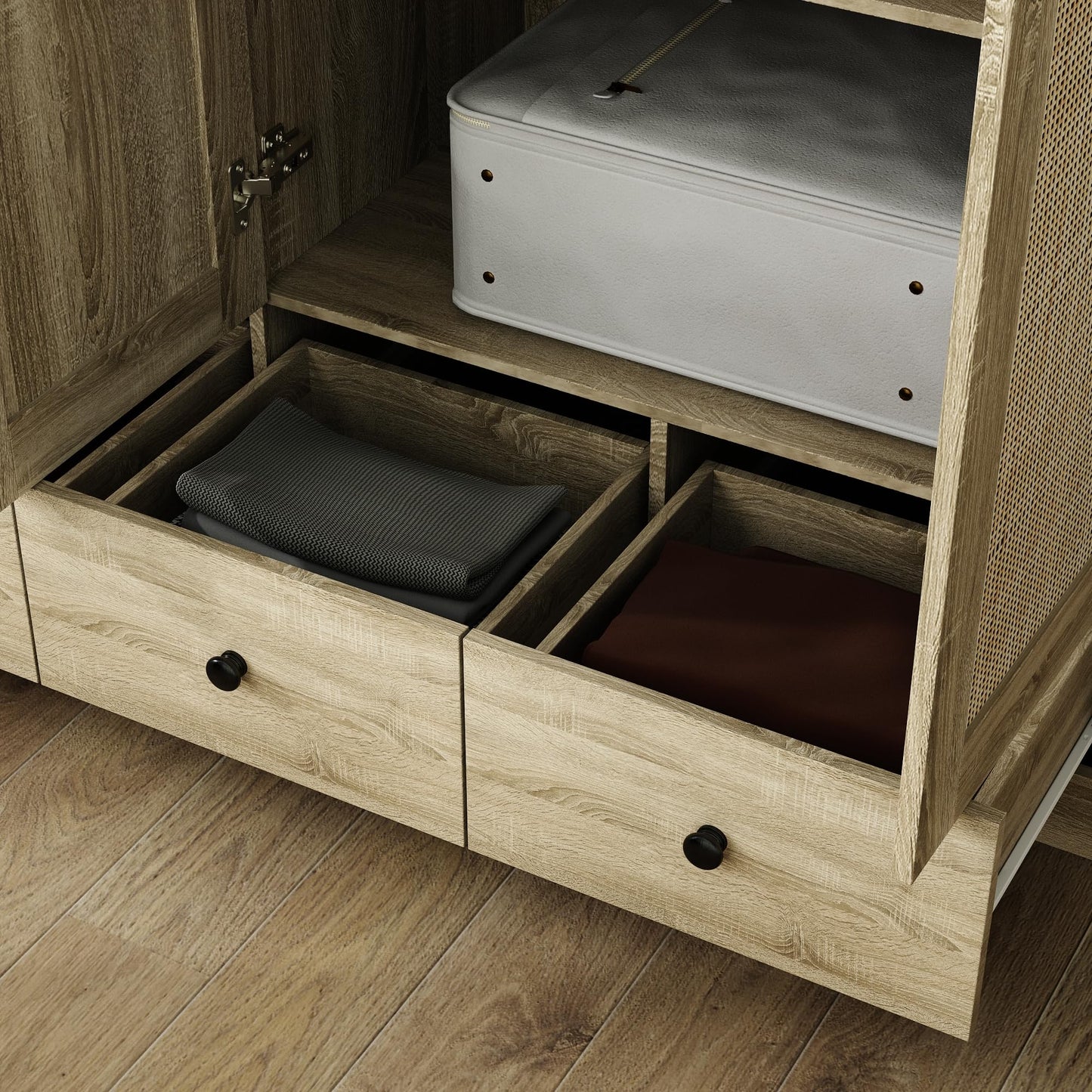 Hitow Ratten Wardrobe Armoire Closet, 3 Door Rattan Closet Wardrobe Cabinet with 3 Drawers & Hanging Rod, Storage Wardrobe Armoire Dresser for Bedroom Organizer (47.2" W x 18.9" D x 70.9" H)