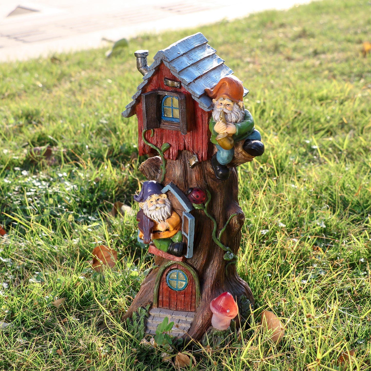 TERESA'S COLLECTIONS 11" Tall Large Garden Statues Gnome Treehouse with Solar Outdoor Light, Garden Sculptures Statues Figurines Resin Garden Decor Lawn Ornaments Patio Yard Decor Gifts for Mom