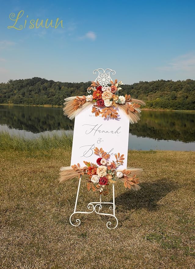 Wedding Arch Flowers, Artificial Floral Decor for Wedding Ceremony & Reception, Standard Size Large Flower Swag Set for Backdrop & Welcome Sign, Pack of 2 (Autumn Chrysanthemum Pampas)