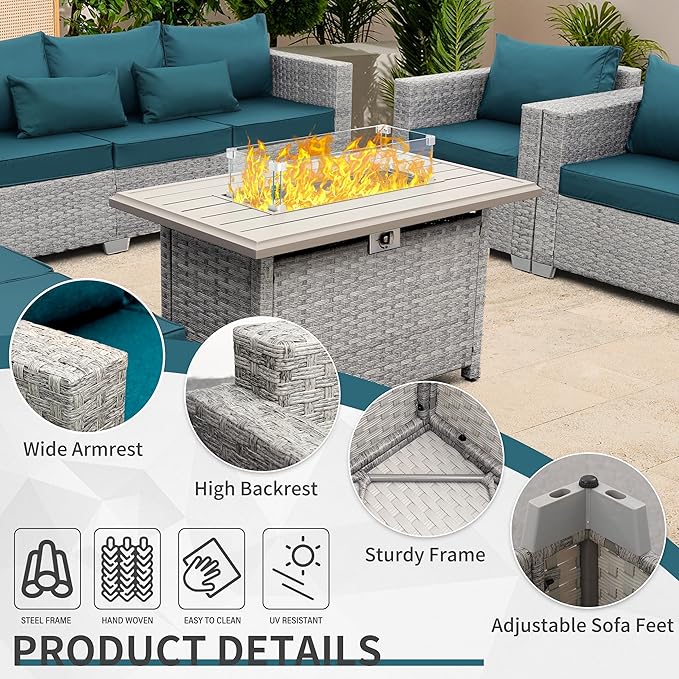 WAROOM Patio Furniture Set 6 Piece Grey Wicker Outdoor Sectional Sofa Balcony Furniture Couch PE Rattan Conversation Sets with Fire Pit Table, Peacock Blue Cushion