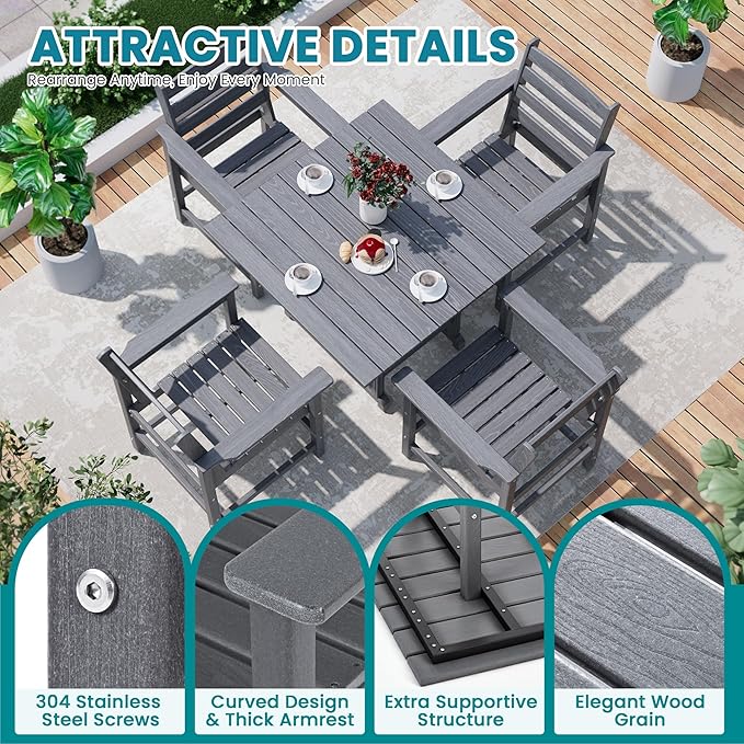 PamapicLife Outdoor HDPE Dining Table Set, 5-Piece All-Weather HDPE Outdoor Table and Chairs with Elegant Armrest, Wood Grain Patio Furniture Sets with Umbrella Hole for Porch, Backyard, Gray