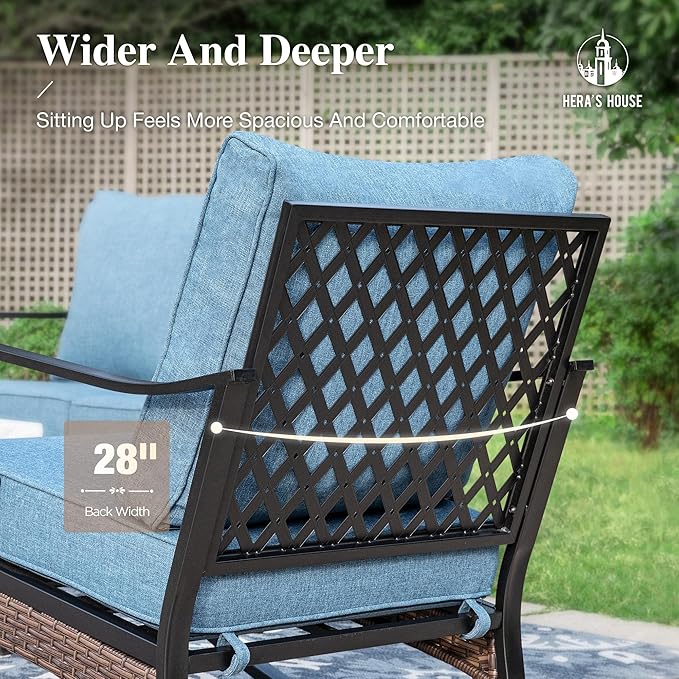 HERA'S HOUSE 4 Piece Metal Patio Furniture Set, All Weather Outdoor Conversation Set with 3 Seat Sofa, 2 x Cushioned Fixed Chair & Coffee Table, Seats 5 for Backyard, Garden, Deck, Navy Blue