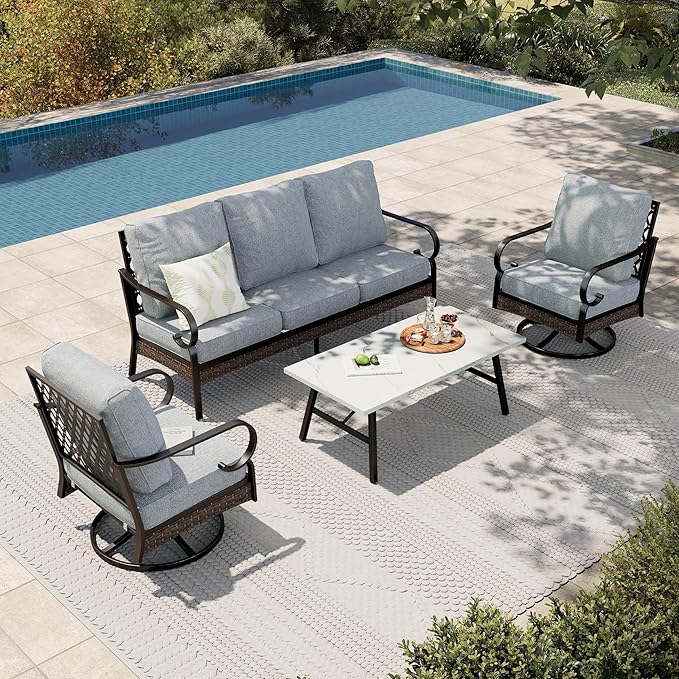 HERA'S HOUSE 4 Piece Metal Patio Furniture Set, All Weather Outdoor Conversation Set with 3 Seat Sofa, 2 Swivel Chairs & Coffee Table, Seats 5 for Backyard, Garden, Deck, Grey