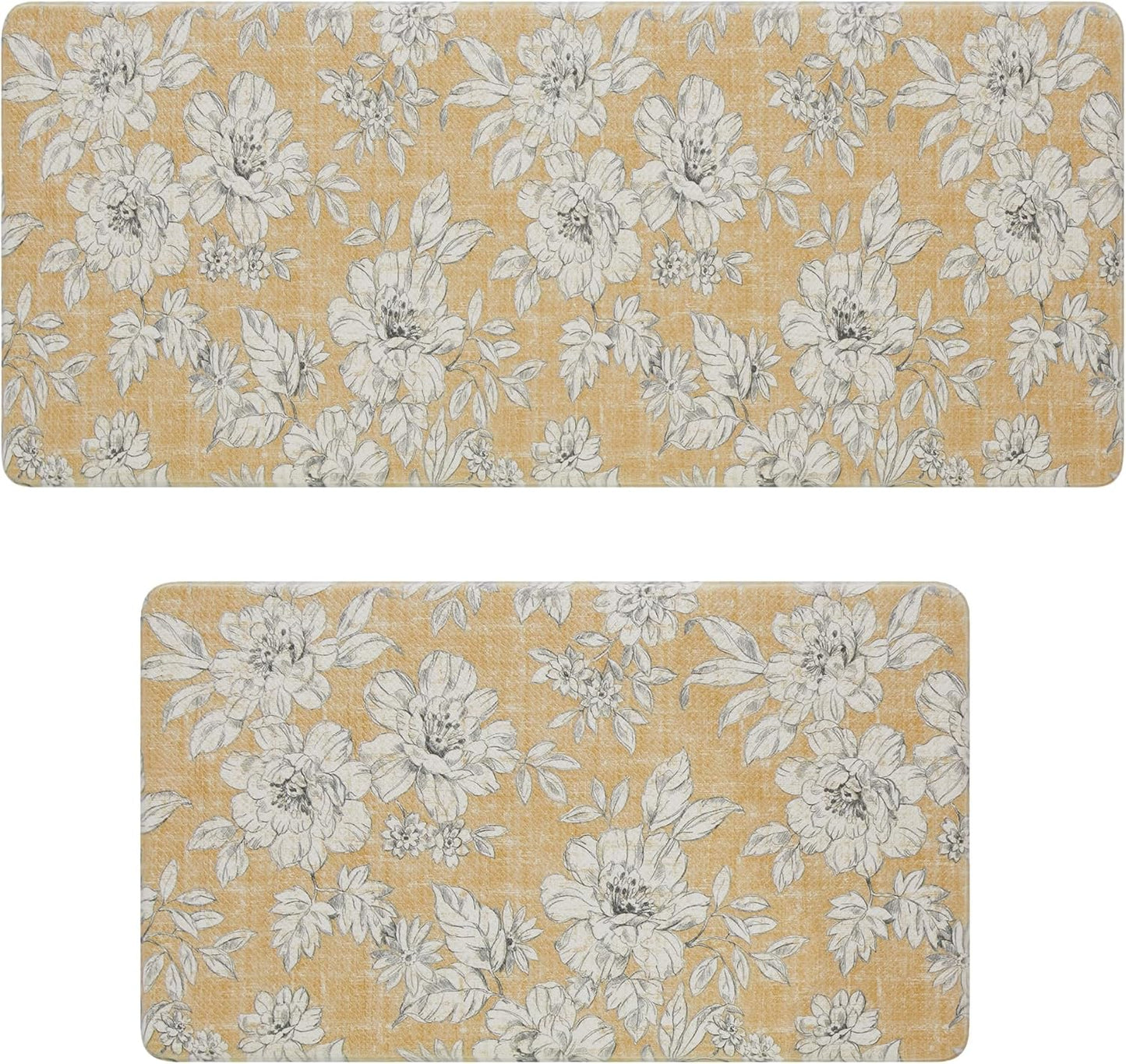 Laura Ashley - Anti-Fatigue Kitchen Mat, Iris Floral Design, Stain, Water & Fade Resistant, Cooking & Standing Relief, Non-Slip Backing, 2 Piece Set, Tawny Yellow