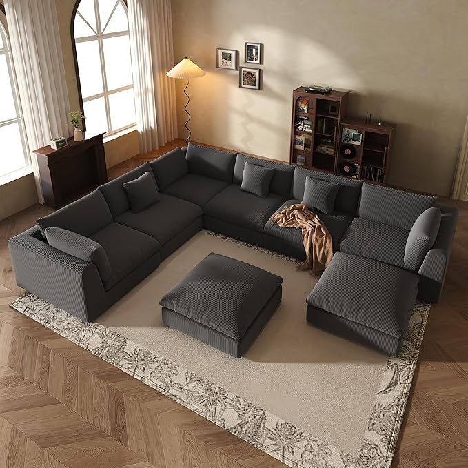 Fajiani Oversized Modular Sectional Sofa, Cloud Couch Deep Seat Sofa Cushion Covers Removable, Oversized Sectional Couches for Living Room (8 Seater-Black Gray)