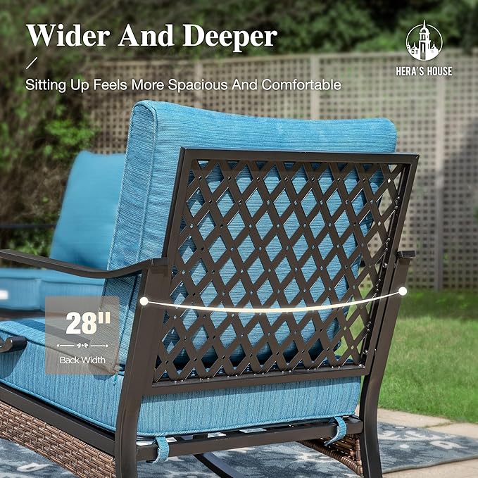 HERA'S HOUSE 4 Piece Metal Patio Furniture Set, 2 x Rocking Cushioned Chair, 2-Seat Lover Sofa with Coffee Table, All Weather Outdoor Conversation Set for Lawn Garden Backyard Deck, Pacific Blue