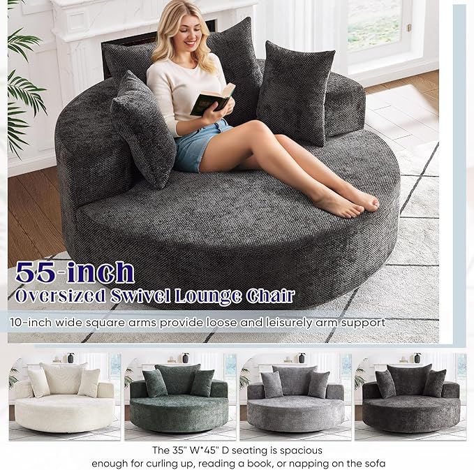 Oversized Round Swivel Chaise Longue Chair Indoor, Modern 55-inch 360 Degree Swivel Upholstered Waffle Chenille Deep Seat Circle Single Cloud Sofa Chair for Living Room Bedroom Apartment Office, Black