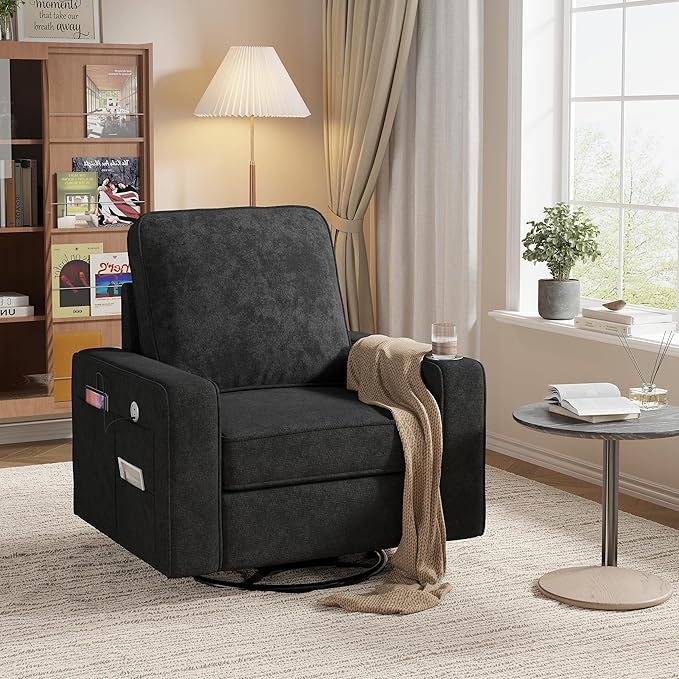 Swivel Square Accent Chair with Wide Armrests,360° Rotating Comfy Single Sofa Chairs with USB/Type-C,Cup Holder & Side Pocket,Modern Armchair for Living Room Bedroom Reading Lounge Nook,Dark Grey | Swivel Accent Chair, with USB/Type-C, Cup Holder, Side...