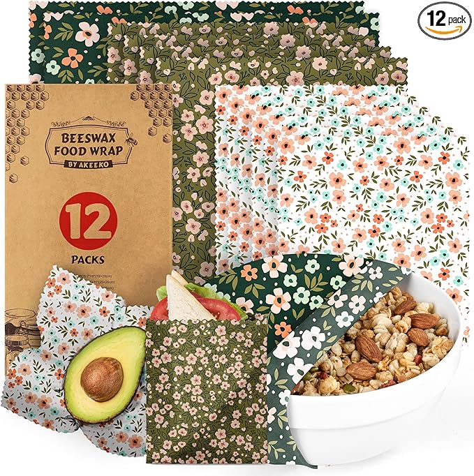 Akeeko Reusable Beeswax Food Wraps - Assorted 12 Pack, Reusable, Plastic-Free Food Storage, Sustainable Gifts, 3 Sizes (6S,4M,2L)