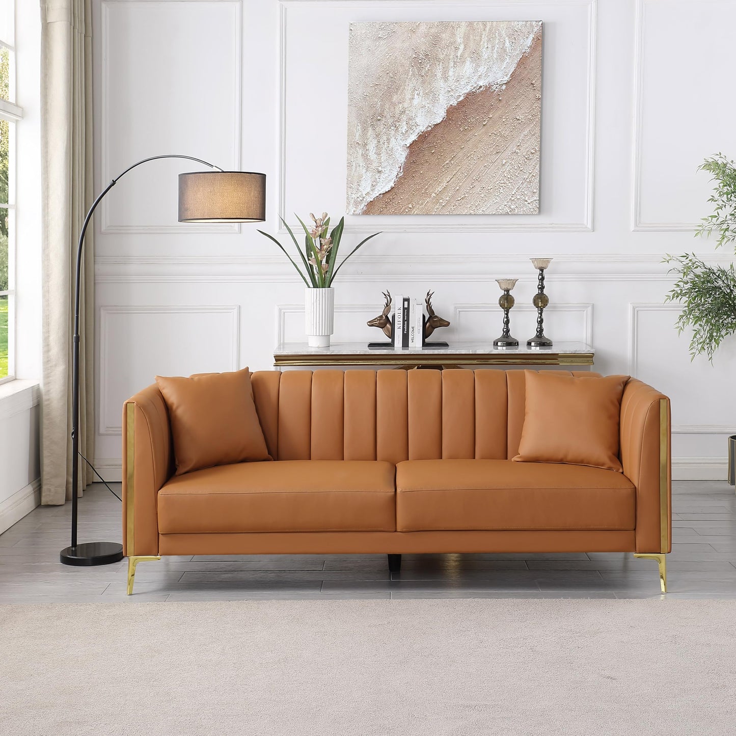 FOTOSOK 78'' Sofa, Modern Leather Couches for Living Room, Comfy, Faux Leather Sofa 3 Seater Sofa with 2 Throw Pillows and Gold Metal Legs, Deep Seat Sofas (Brown)