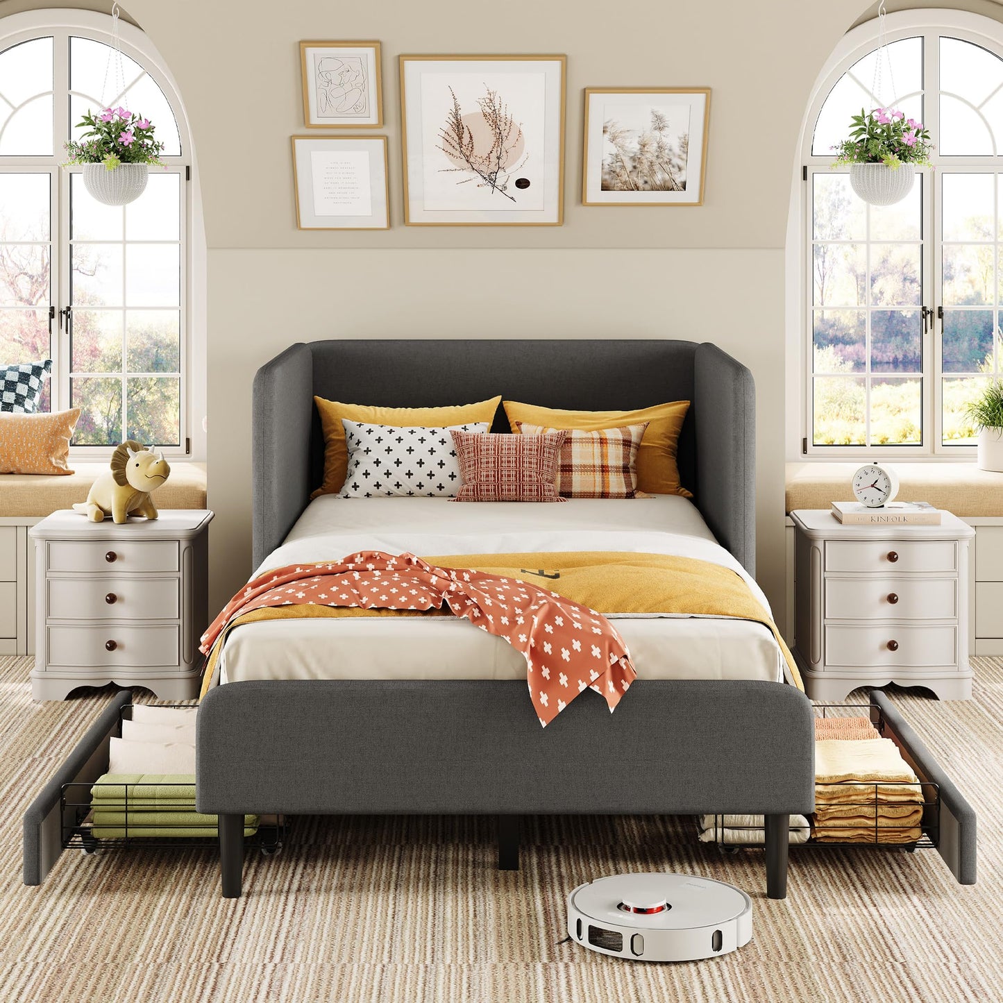 LIKIMIO Twin Daybed with Headboard, Corner Bed Frame with Bed Rails and Storage Drawers, Solid Support, for Bedroom Guest Room, Dark Gray