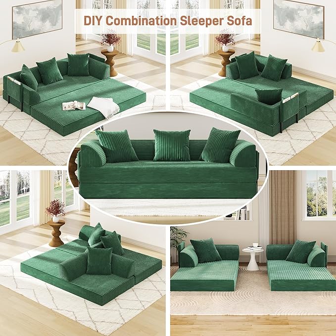 Folding Convertible Sofa Bed with 3 Pillows, 79 " Corduroy Boneless Couch with Armrest Pockets, Lounge Loveseat Sleeper with Pull Out Bed, Memory Foam Compressed Sofa for Living Room Bedroom, Green