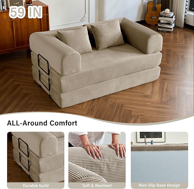 59" Folding Convertible Sofa Bed, 5-in-1 Small 2-Seater Sofa Corduroy Futon Floor Couch with Pull-Out Sleeper, Boneless Loveseat for Small Spaces, Home Office, Bedroom, Apartment-Friendly (Beige1)