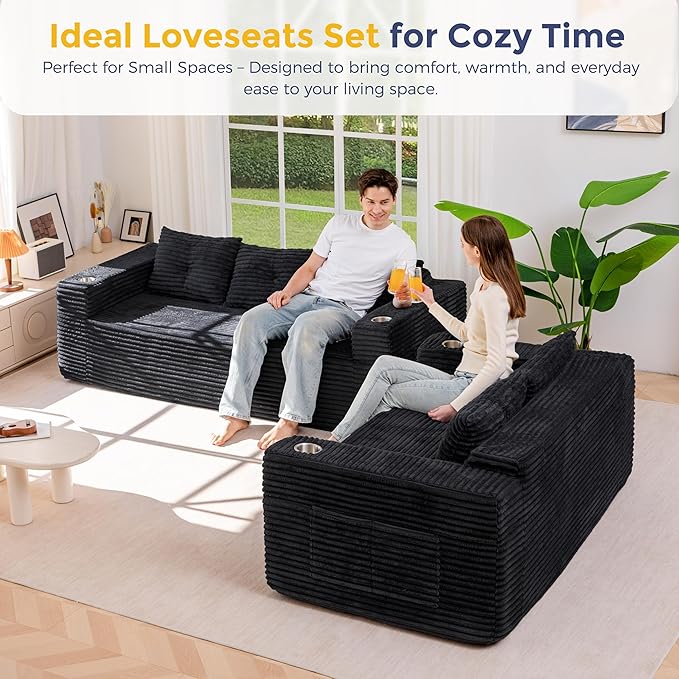 MAXYOYO Boneless Couch and Loveseat Sets for Small Spaces, Mini Love Seat Floor Couch with Cup Holders and Pillows, Upholstered Cloud Couch for Bedroom Apartment, No Assembly Required