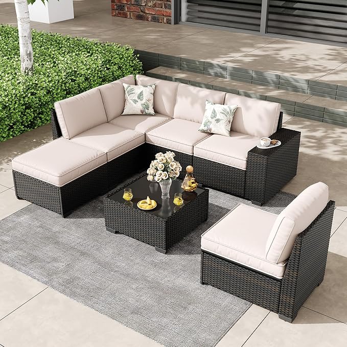 SunloungeCo 7 Pieces Outdoor Patio Furniture Set, Wicker Conversation Sets with Tea Table, Rattan Patio Sofa with Thick Cushions for Garden, Backyard Porch, Poolside,Beige