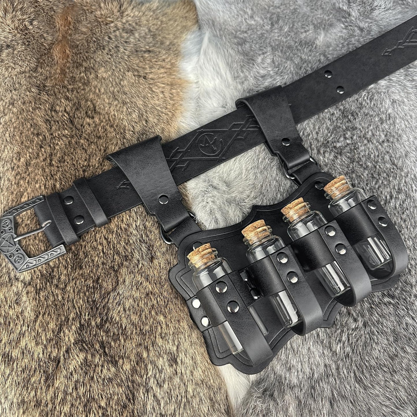 HiiFeuer Medieval Embossed Alchemy Faux Leather Buckle Belt with 4 Cork Vials, Fantasy Wizard Potion Bottles Belt (Black B)