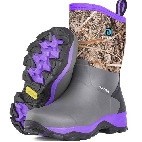 Trudave Rubber Rain Boots for Women, Neoprene Insulated Mud Work Boots, Anti-slip Breathable Mid-calf Womens Waterproof Boots for Garden, Water Fishing, Purple, Size 9