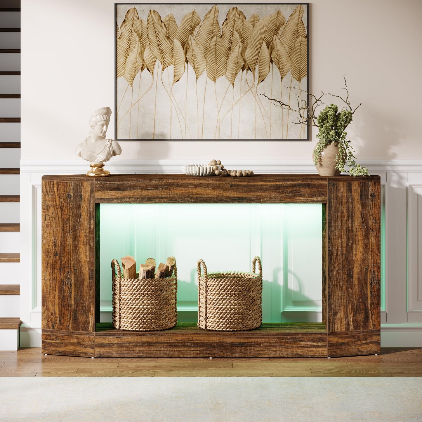 Tribesigns 63" Light Wood Console Table with LED, Sofa Table Behind Couch, Entryway Hallway Foyer Display, Long Narrow Design for Living Room (1, Brown)