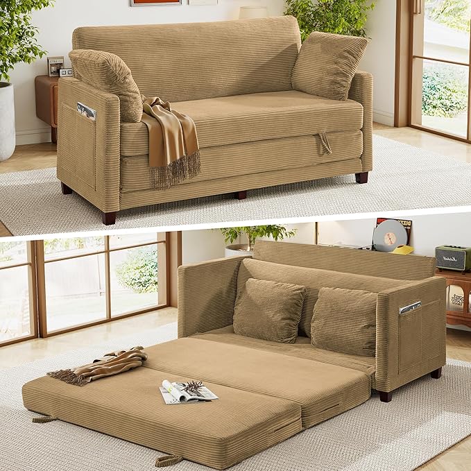 kakuboohi 65" Loveseat Sleeper Sofa Bed, Corduroy Convertible Sofa Bed for Small Spaces, Folding Couch Bed with Deep Seat, 2 Pillows & Solid Frame, Pull Out Floor Couches for Living Room, Brown