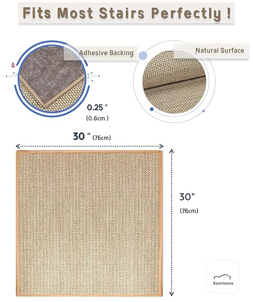 Non Slip Liner Stair Treads Matching Mat for Wooden Steps, 30"x30" Square Stair Landing Rug with Rubber Backing, Washable Indoor Safety Stair Landing Mat for Kids Elders Dogs, Beige
