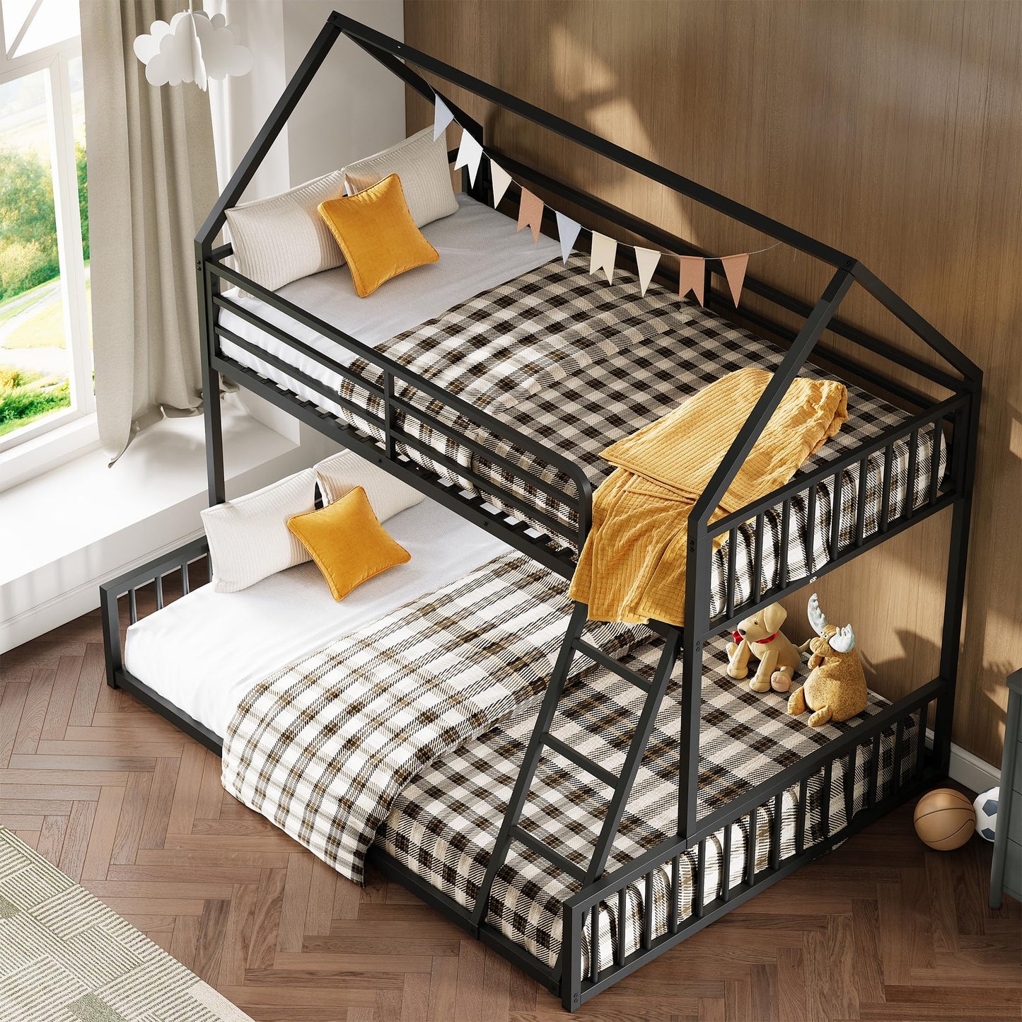 LIKIMIO Bunk Bed Twin Over Full Size, House Bunk Bed Frame with Ladder and Guardrail, House Shaped with Metal Slats Support No Box Spring Needed Space Saving for Bedroom and Dorm, Black