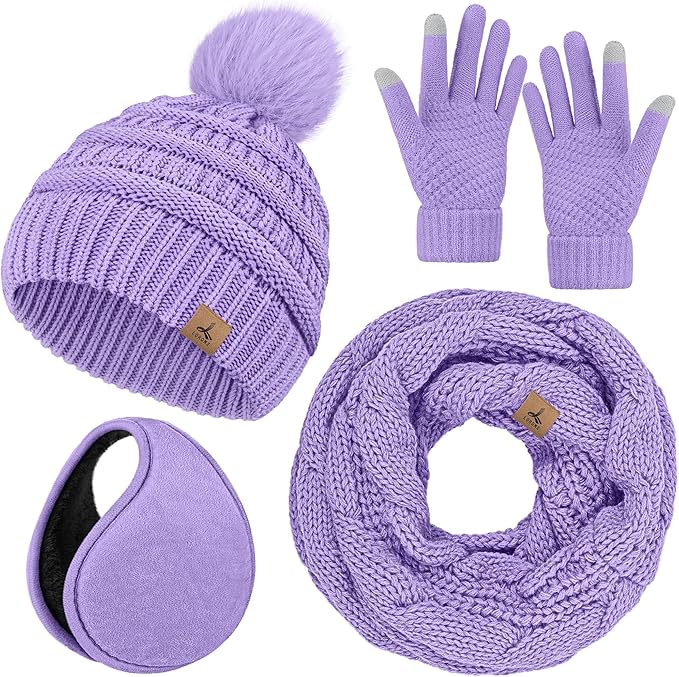 Winter Hat Scarf Gloves and Ear Warmer, Warm Knit Beanie Hat Touch Screen Gloves Set Winter Gifts Neck Scarves for Women