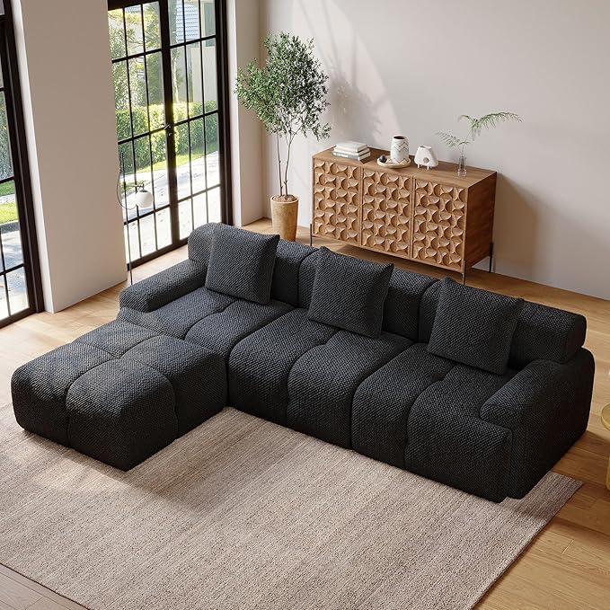 104" Modern L Shaped Modular Sectional Sofa, 4 Seater Convertible Chenille Cloud Couch Sofa Set, Boneless Couches for Living Room with Ottoman, No Assembly Required, Black