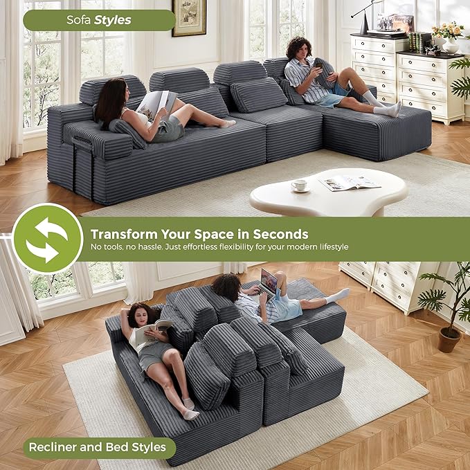 136" L-Shaped Cloud Modular Sectional Sofa with Chaise & Headrest, Boneless Deep Seat Plush Corduroy Couches for Large Living Room, No Assembly Required (Dark Gray, 136" L-shapred Chaise)