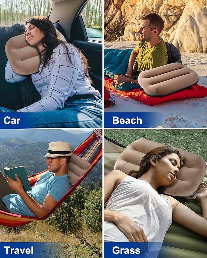 Kampair Ultralight Inflatable Camping Pillow for Sleeping – Soft Velvet Cover, Compact & Portable, Ergonomic Neck Support, Machine Washable Air Pillow, Perfect for Travel, Hiking, Backpacking – Brown