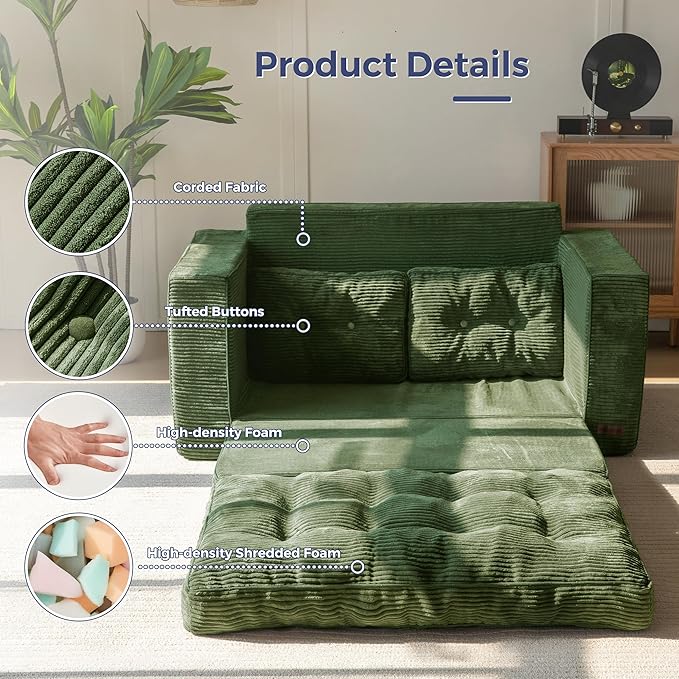 MAXYOYO Convertible Sofa Bed, Pull Out Loveseat Sleeper Sofa, 2 in 1 Folding Couch Bed, Floor Couch with Pillows for Living Room Bedroom Lounge, Dark Green
