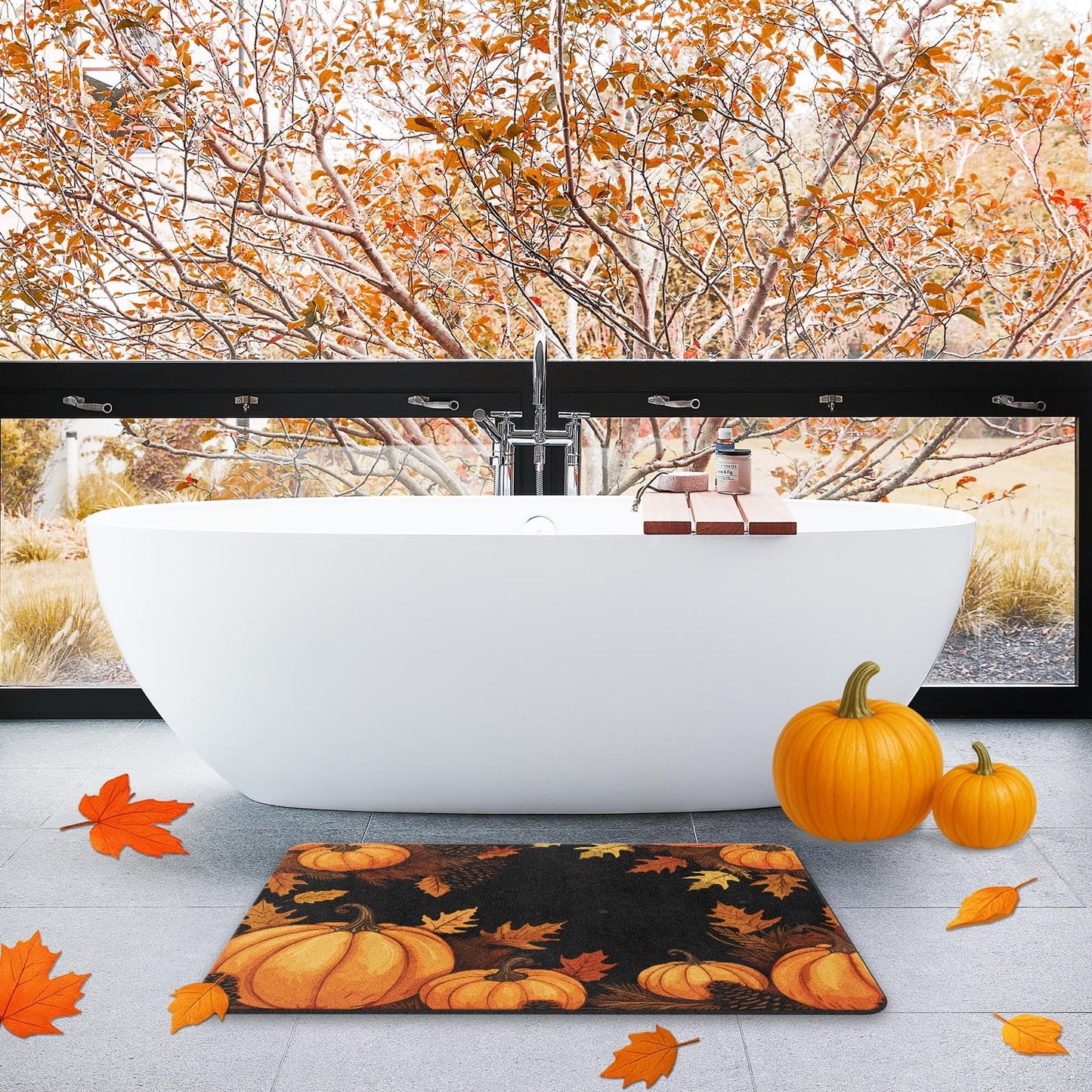 Nesphy Autumn Leaves Pumpkin Bath Mat for Bathroom, Fall Thanksgiving Quick Dry and Super Absorbent Bath Mat Rug, Non Slip Rubber Backing Floor Rug 17x30 Inches for Kitchen Bedroom Indoor