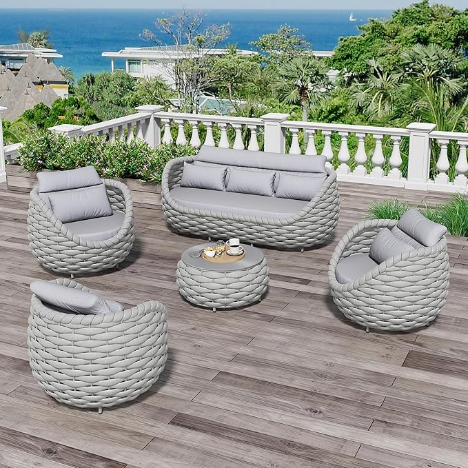 Erotr Aluminum Outdoor Patio Couch Set: 5 Pieces Woven Rope Porch Furniture Sofa Set - Metal Modern Deck Conversation Set - All Weather Assembled Courtyard Seating for Backyard Pool Hotel Resort, Grey