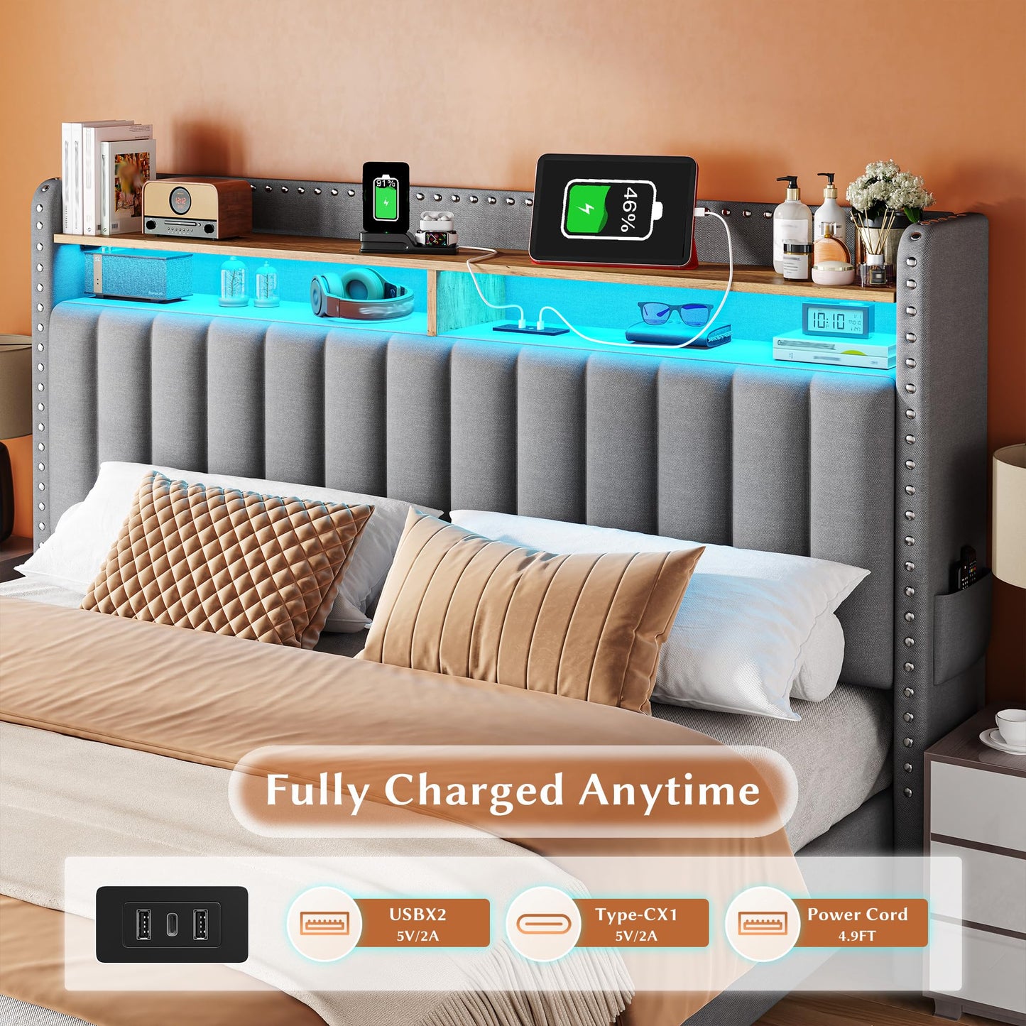 EnHomee Queen Bed Frame with 2 Storage Drawers, Upholstered Platform Bed with LED Lights and Charging Station, Sturdy Wooden Slats Support, No Box Spring Needed, Noise Free, Grey