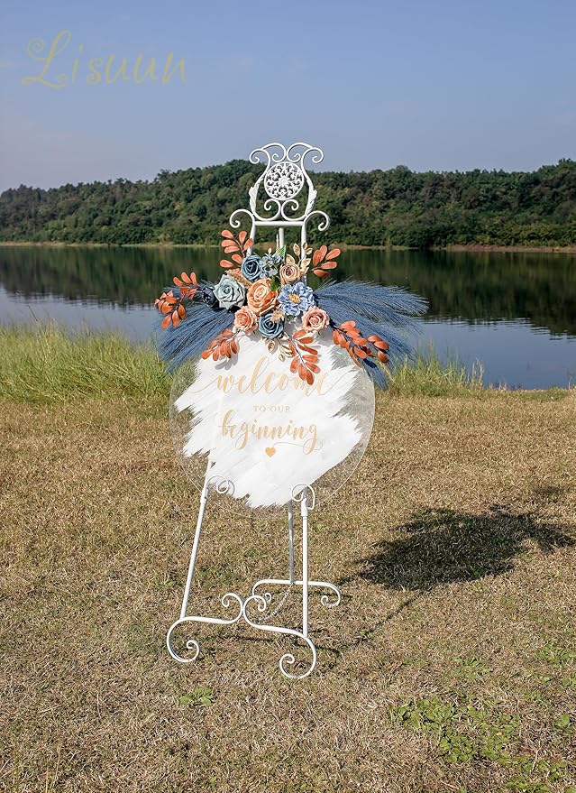 Wedding Arch Flowers, Artificial Floral Decor for Wedding Ceremony & Reception, Standard Size Large Flower Swag Set for Backdrop & Welcome Sign, Pack of 2 (Blue Coffee Pampas)