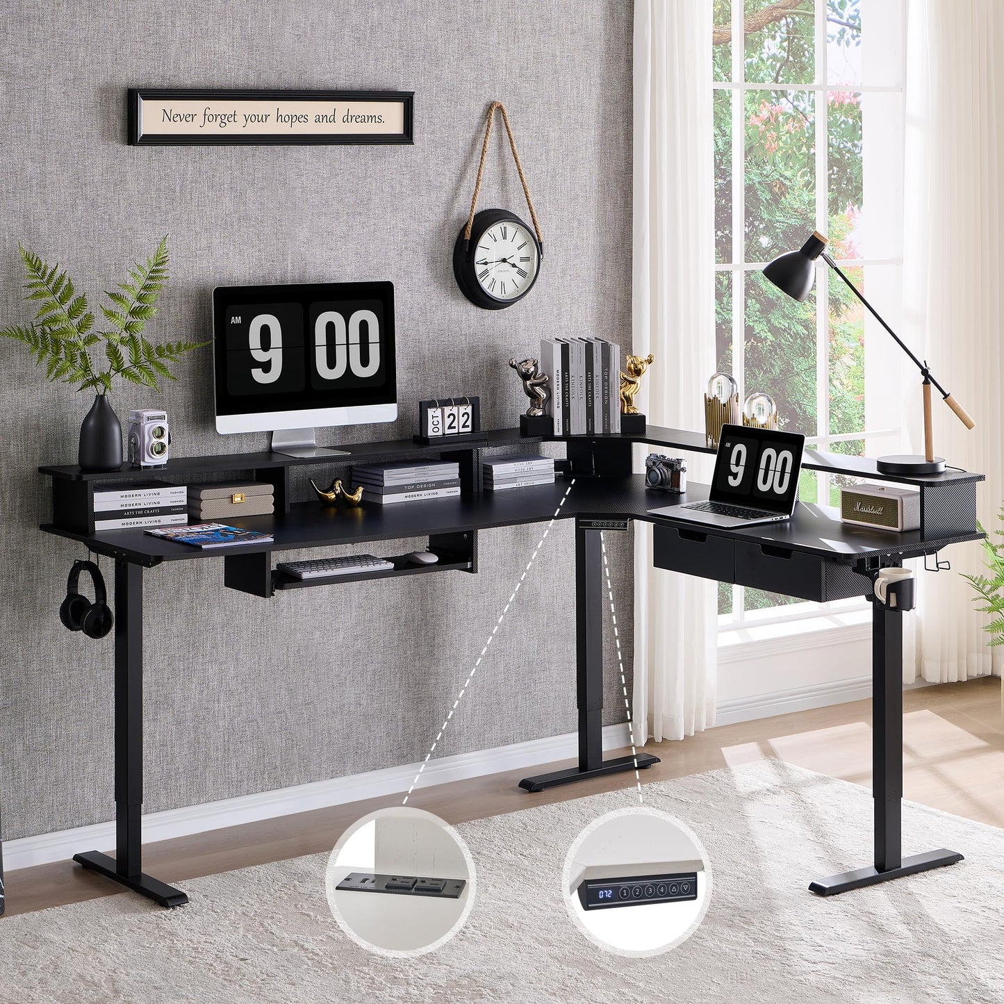 RedLemon 75X60 Inches L Shaped Electric Standing Desk, Height Adjustable Corner Gaming Desk with Drawers, Power Outlets & LED Lights, Computer Desk with Monitor Shelf, Carbon Fiber Black