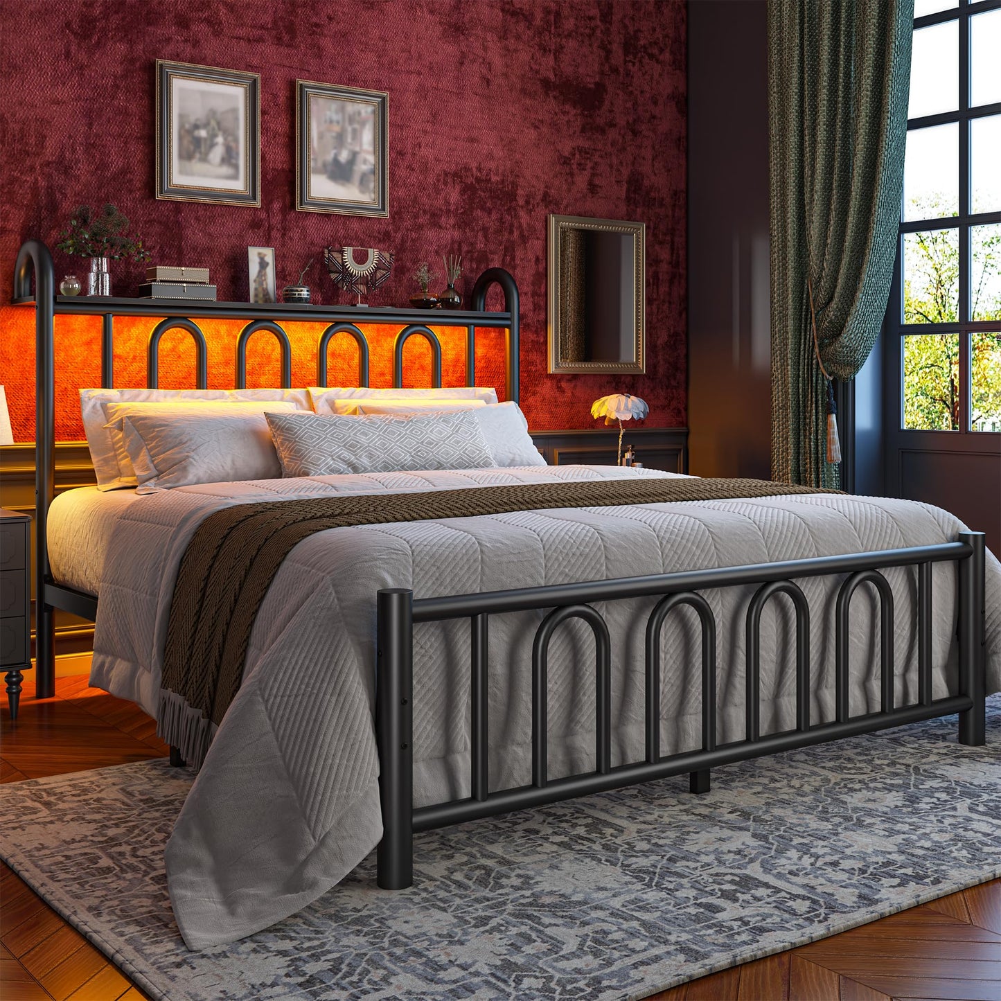 Homkdom Queen Bed Frame Metal Platform Bed Frame/Victorian Headboard and Footboard/LED Light/Sturdy Mattress Foundation with Under Bed Storage/No Box Spring Needed/Noise-Free/Easy Assembly, Black