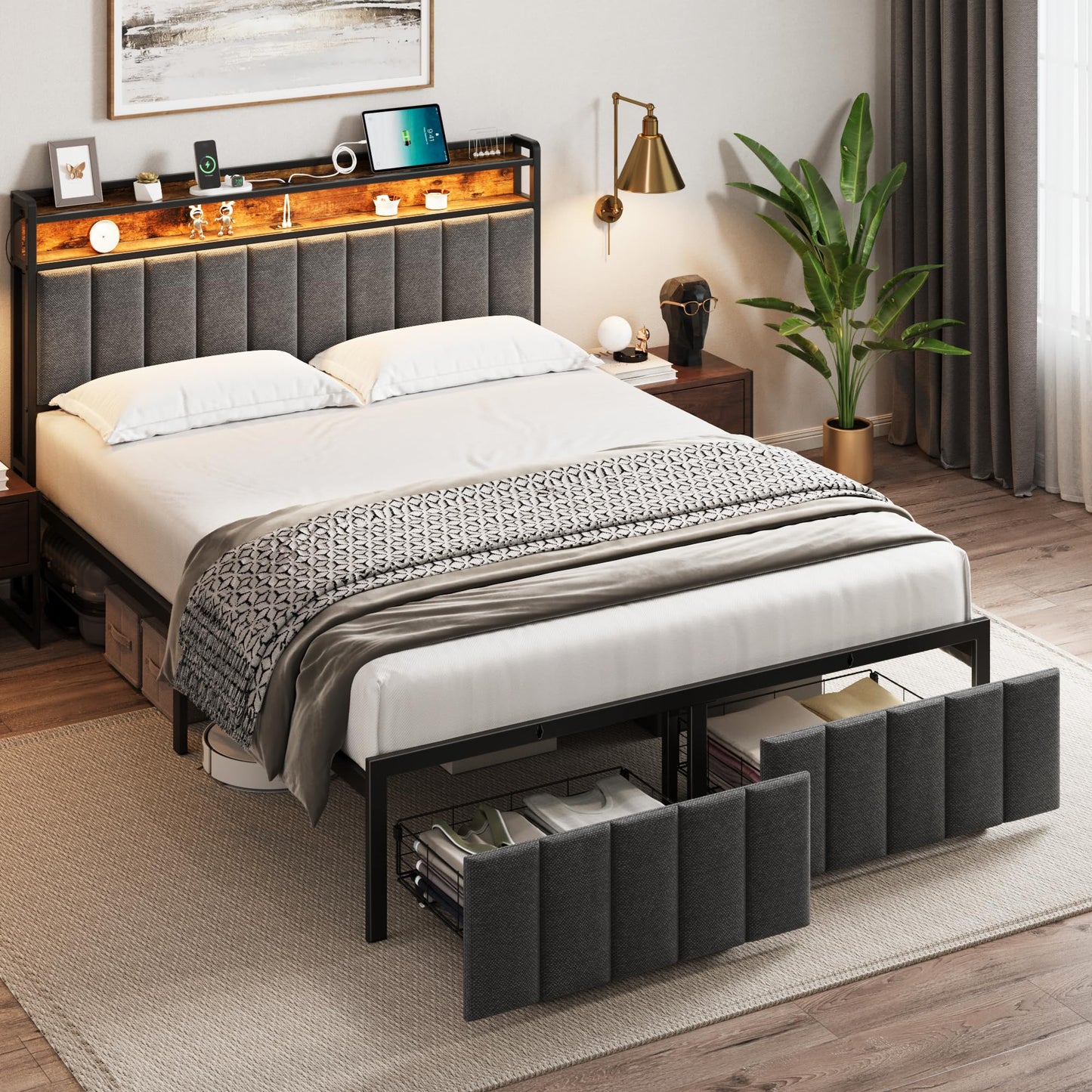Queen Bed Frame with Storage, Upholstered Bed Frame with LED Lights Headboard and 2 Drawers, Charging Station, Noise-Free, No Box Spring Needed, Easy Assembly, Grey