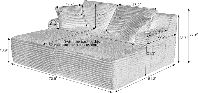 KEIKI Compressible Double Chaise Lounge with Cupholders, Cozy Corduroy Sleeper Loveseat for Bedroom or Reading Nook, Boneless Chaise Lounge Indoor with Supportive Spring Cushions, No Assembly