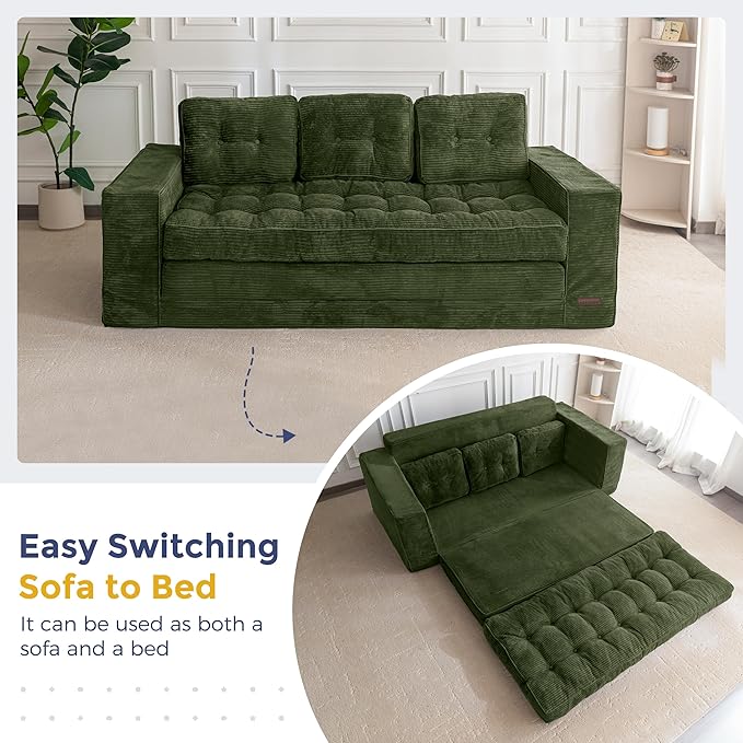 MAXYOYO Convertible Sofa Bed, Pull Out 3 Seater Sleeper Sofa, 2 in 3 Folding Couch Bed, Fold Out Floor Couch with Pillows for Living Room Bedroom Lounge, Dark Green
