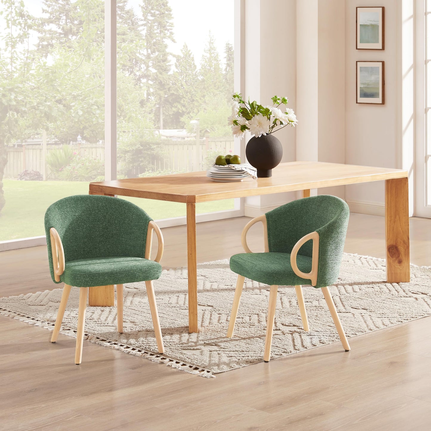 Art Leon Kitchen Chairs - Modern Fabric Dining Chairs, Upholstered Vanity Chairs Arm Chairs with Wood Legs for Living Room Bedroom, Set of 4, Green